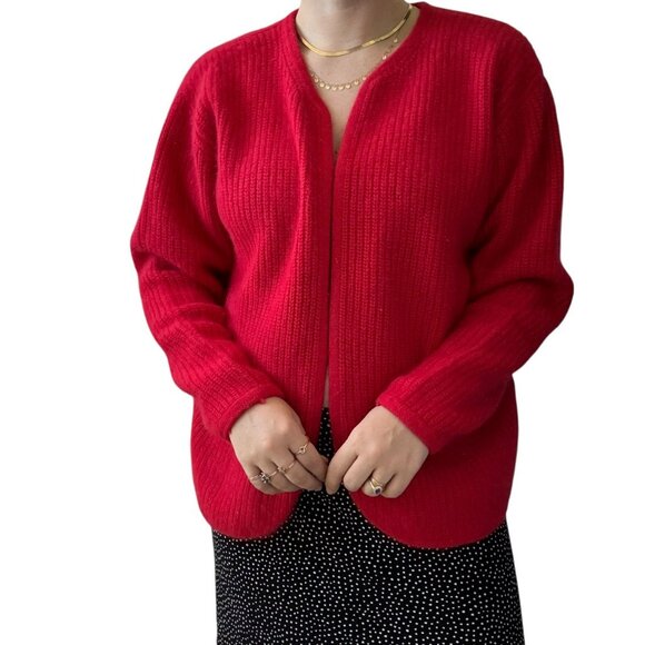 Vintage JH Collectibles Cherry Red Lambswool Angora Soft Plush Cardigan Sz L - Picture 1 of 7